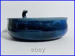 OOAK Art Pottery Bowl WithElephent Figure In Center Blue Glazed Artist Signed