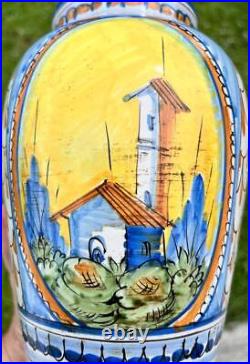 Old Vintage Italian Faience Art Pottery Ceramic Lamp Hand Painted Painting MCM
