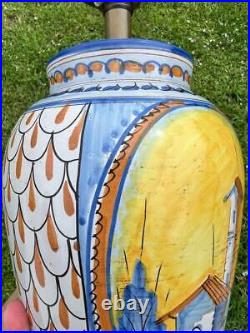 Old Vintage Italian Faience Art Pottery Ceramic Lamp Hand Painted Painting MCM