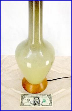 Olive Green Art Pottery Ceramic Vase Shape Table Lamp Turned Walnut Base MINT