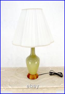 Olive Green Art Pottery Ceramic Vase Shape Table Lamp Turned Walnut Base MINT