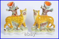 Original Victorian Staffordshire Figures of A Pair of Leopard Spill Vases c1850