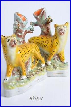 Original Victorian Staffordshire Figures of A Pair of Leopard Spill Vases c1850