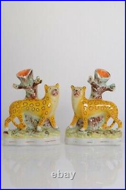 Original Victorian Staffordshire Figures of A Pair of Leopard Spill Vases c1850