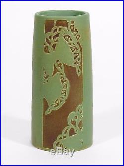Overbeck Pottery Arts & Crafts carved vase matte brown green Art Deco butterfly