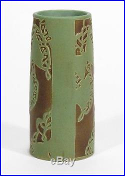 Overbeck Pottery Arts & Crafts carved vase matte brown green Art Deco butterfly