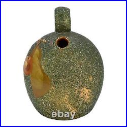 Owens Opalesce Utopian 1900s Vintage Art Pottery Cherries Green Ceramic Jug