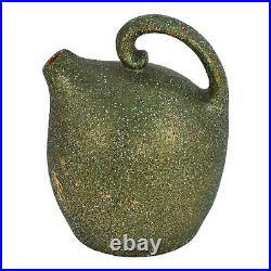 Owens Opalesce Utopian 1900s Vintage Art Pottery Cherries Green Ceramic Jug