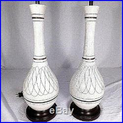 PAIR Mid Century Danish Modern Ceramic Crackle Art Pottery Bowling Pin Lamps