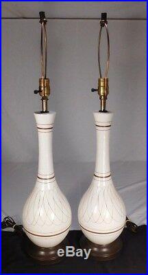 PAIR Mid Century Danish Modern Ceramic Crackle Art Pottery Bowling Pin Lamps