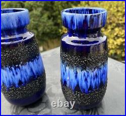 PAIR Vtg West Germany Fat Lava Mid Century Art Pottery Ceramic Vases Blue Flambe