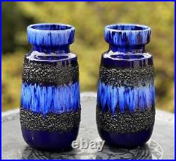 PAIR Vtg West Germany Fat Lava Mid Century Art Pottery Ceramic Vases Blue Flambe