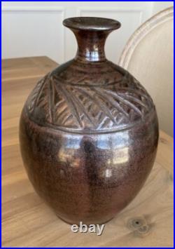 PRIETO Studio Art Pottery Vase SIGNED Vessel Carved Ceramic 11 x 7 Great