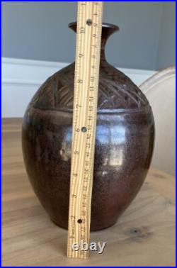 PRIETO Studio Art Pottery Vase SIGNED Vessel Carved Ceramic 11 x 7 Great