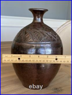 PRIETO Studio Art Pottery Vase SIGNED Vessel Carved Ceramic 11 x 7 Great