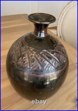 PRIETO Studio Art Pottery Vase SIGNED Vessel Carved Ceramic 11 x 7 Great