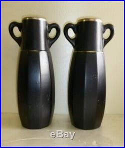 Pair Large Antique 14 Inches Ceramic Art Deco Black Geometric Vases Silver