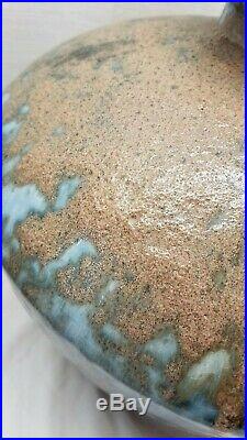 Pair Mid Century Modern Fat Lava Drip Glaze Ceramic Art Pottery Lamps Blue Brown
