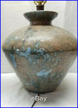 Pair Mid Century Modern Fat Lava Drip Glaze Ceramic Art Pottery Lamps Blue Brown