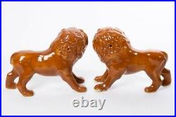 Pair of 2 Antique Staffordshire Ceramic Lion Figurines 14 Long Glass Eyes