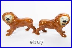Pair of 2 Antique Staffordshire Ceramic Lion Figurines 14 Long Glass Eyes