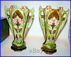 Pair of Antique Continental Art Nouveau Majolica Two Handled Vases 10