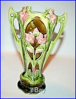 Pair of Antique Continental Art Nouveau Majolica Two Handled Vases 10
