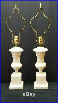 Pair of Mid Century Modern Ceramic Art Pottery White Gold Table Desk Accent Lamp