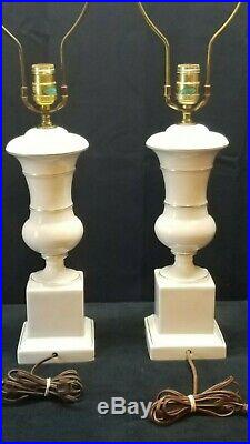 Pair of Mid Century Modern Ceramic Art Pottery White Gold Table Desk Accent Lamp
