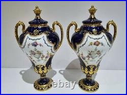 Pair of Royal Crown Derby Lidded Cobalt Blue Vases Urns Circa 1902