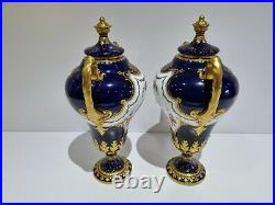 Pair of Royal Crown Derby Lidded Cobalt Blue Vases Urns Circa 1902