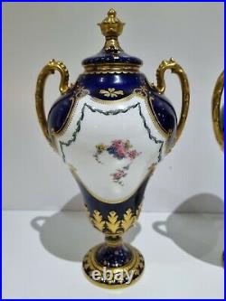 Pair of Royal Crown Derby Lidded Cobalt Blue Vases Urns Circa 1902