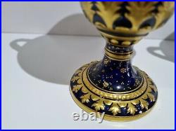 Pair of Royal Crown Derby Lidded Cobalt Blue Vases Urns Circa 1902