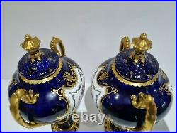 Pair of Royal Crown Derby Lidded Cobalt Blue Vases Urns Circa 1902