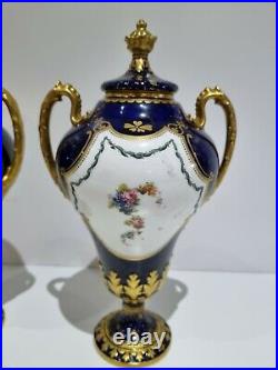 Pair of Royal Crown Derby Lidded Cobalt Blue Vases Urns Circa 1902