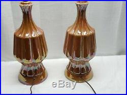 Pair of Vintage Mid Century Modern Ceramic Iridescent Glaze Art Pottery Lamps