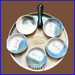 Passover Seder Plate Signed Sarah Rubin Art Pottery Ceramic Glass Mortar 5 Bowls