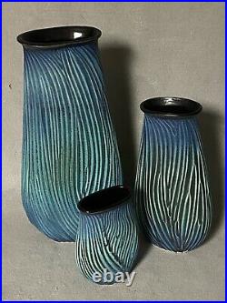 Paul Jeselskis Art Pottery Blue Flower Vase Trio Mint