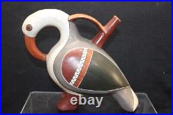 Peru Art Pottery Bird Vessel Hand Painted Ceramic Spout Reproduction Signed