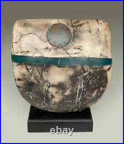 Peter Hayes Blue Wave Raku Bow with Disk Large Ceramic Sculpture Studio Pottery