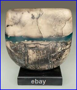 Peter Hayes Blue Wave Raku Bow with Disk Large Ceramic Sculpture Studio Pottery