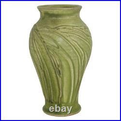 Pewabic 2000s Art Pottery Light Matte Green Textured High Relief Ceramic Vase