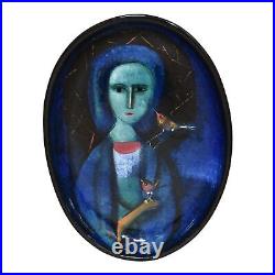 Pillin Studio Mid Century Modern Art Pottery Blue Lady With Birds Ceramic Tray