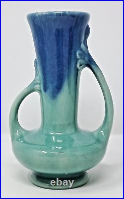Pittsville Pottery Ceramic Vase 7 tall bicolor blue 1930s double handle vintage