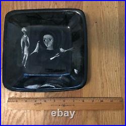 Polia Pillin Pottery Black 8 Square Dish/Bowl/Platter Women with Birds