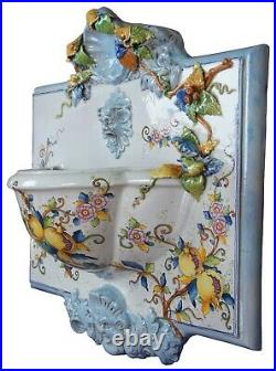 Polychrome Ceramic Italian Wall Fountain Figural Florentine Tuscan Pottery