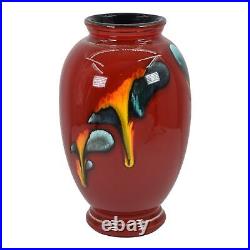 Poole England Art Deco Pottery Red With Colorful Flowing Drips Ceramic Vase