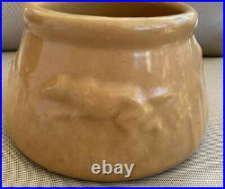 Pottery Ceramic Antique Bowl Dish Vase Brown Embossed Dogs Pointer Hunting HELP