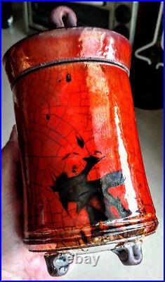 RAKU Art Pottery by Sedona Artist Bob Smith a pot, 4 legs, fennel, fine work