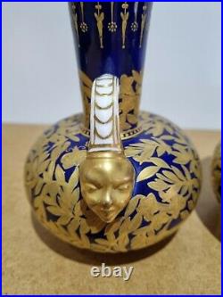 RARE Pair of Royal Crown Derby Twin Mask Handle Vases Urns C1880-1890